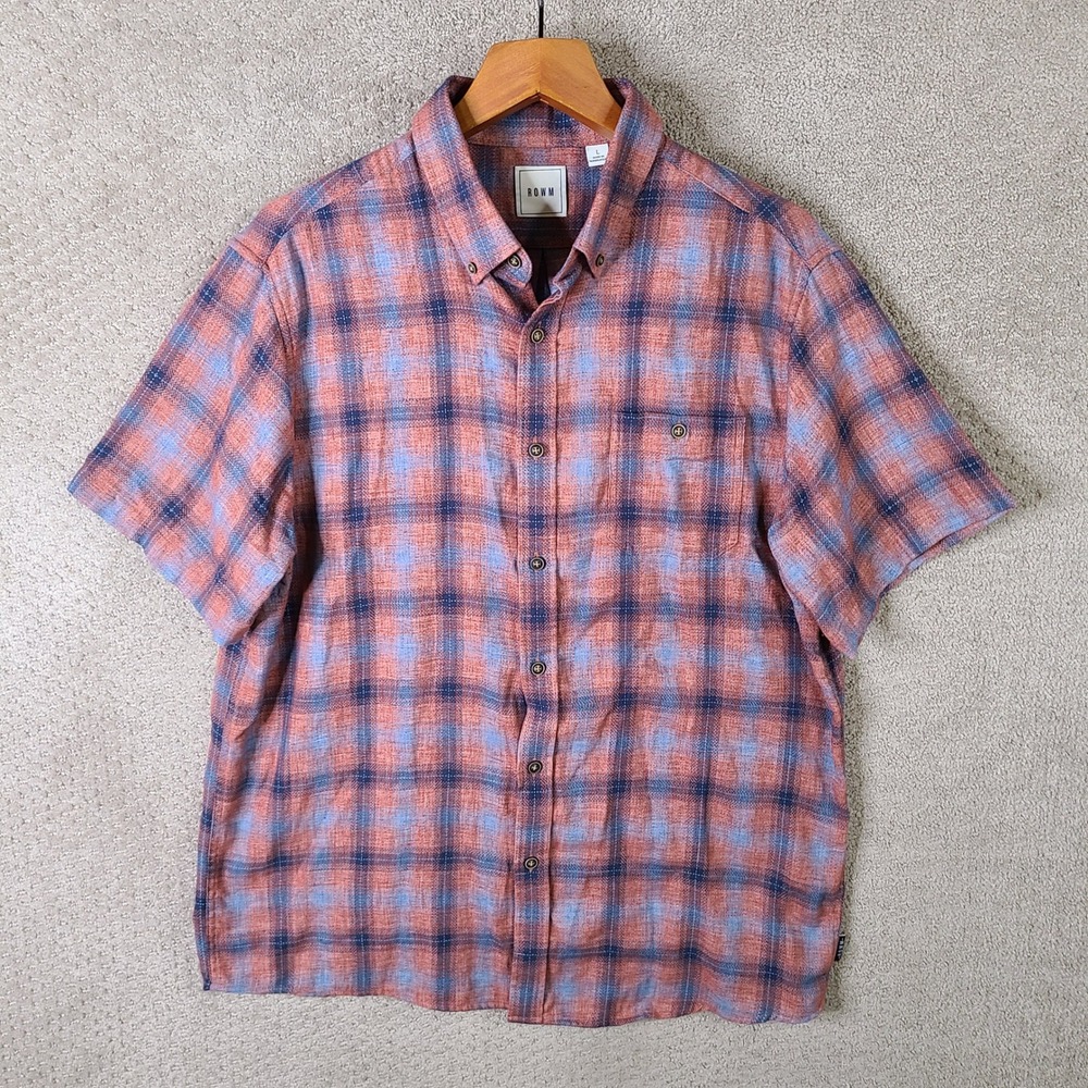 ROWM Shirt Men L Orange Blue Plaid Flannel Short Sleeve Button Down Cotton Blend